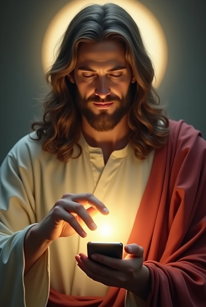 “Jesus Christ depicted as if he is directly looking at the viewer through a smartphone screen. His expression is calm and compassionate, with deep, understanding eyes that seem to connect with the person watching. His long, wavy hair frames his face, and a soft halo of light surrounds his head. He is shown from the waist up, wearing a simple robe, with his hand slightly raised in a gesture of blessing, as if reaching out to the viewer through the screen. The background is subtle and blurred, making it feel like Jesus is truly present on the other side of the phone.”