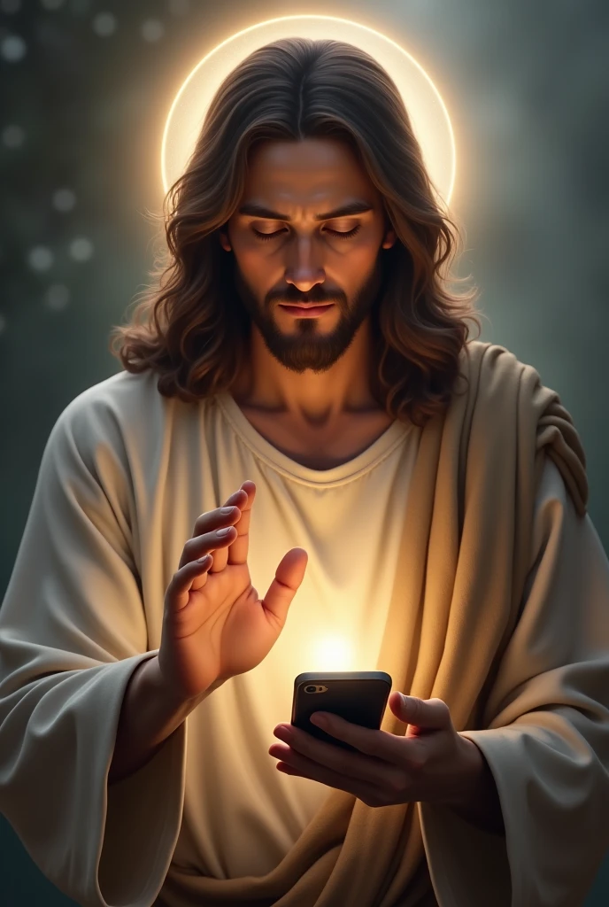 “Jesus Christ depicted as if he is directly looking at the viewer through a smartphone screen. His expression is calm and compassionate, with deep, understanding eyes that seem to connect with the person watching. His long, wavy hair frames his face, and a soft halo of light surrounds his head. He is shown from the waist up, wearing a simple robe, with his hand slightly raised in a gesture of blessing, as if reaching out to the viewer through the screen. The background is subtle and blurred, making it feel like Jesus is truly present on the other side of the phone.”