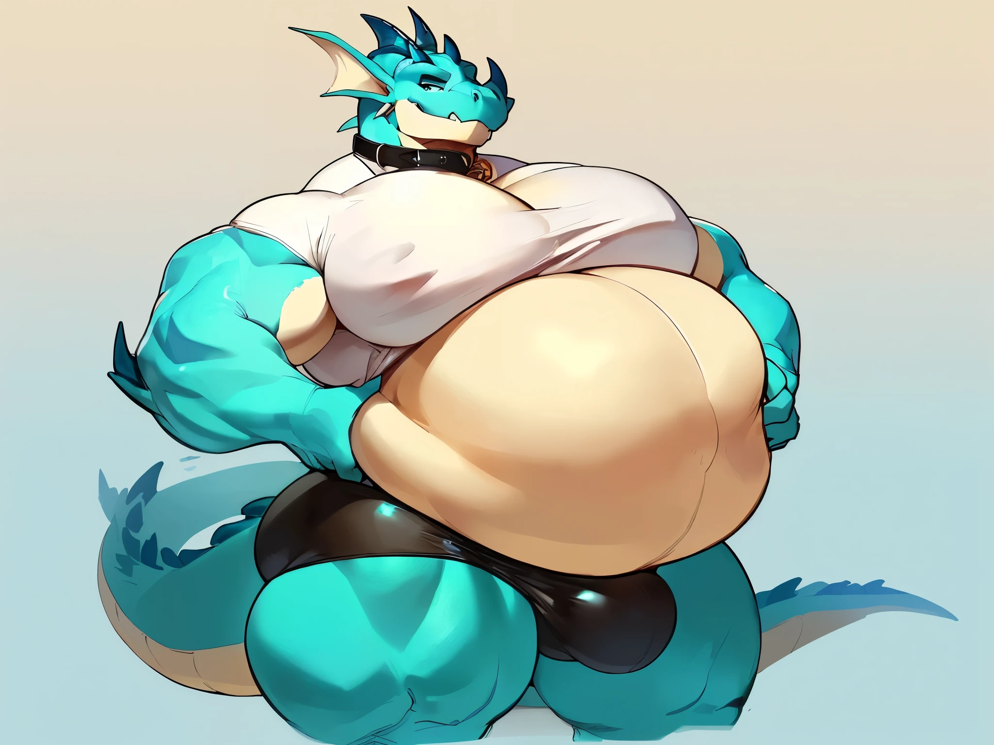 Profile picture of a ((Solo)), 1 boy, male, very largest, ((bara)), buff, extremely thickened overweight body, ((((1500 pounds)))):2, ((((((massive fluffy thicker bloaty belly)))))):1.5, (((((massive bloatly thighs, massive curves, massive pecs, massive biceps))))):2.5, fluffy, ((((hunky)))), (((((cyan wyvern))))) with, (((Dragon snout))):1.3, wearing collar and ((shirt and tight briefs)), ((bulge, bulging, very detailed crotch bulge)), holding belly, (looking at viewer with eyes), cute smirk, smug, standing, simple background, by darkgem, posted on e621, posted on FurAffinity