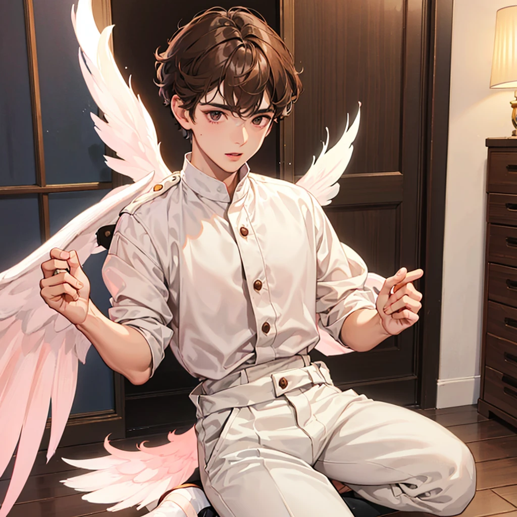 Boy
cute face
Very light brown silky curly short wavy hair
My eyes are brown, chocolate, honey, sweet, cute, bright
Skin and body are smooth, delicate and fragile
Cute red pink cheeks
Thin pink lips
delicate pink
beautiful
He is an angel
It has large white wings with soft silky white feathers
short height
Always wears bright and white clothes
He wears a white shirt, the first button of which is usually open
He wears simple white pants