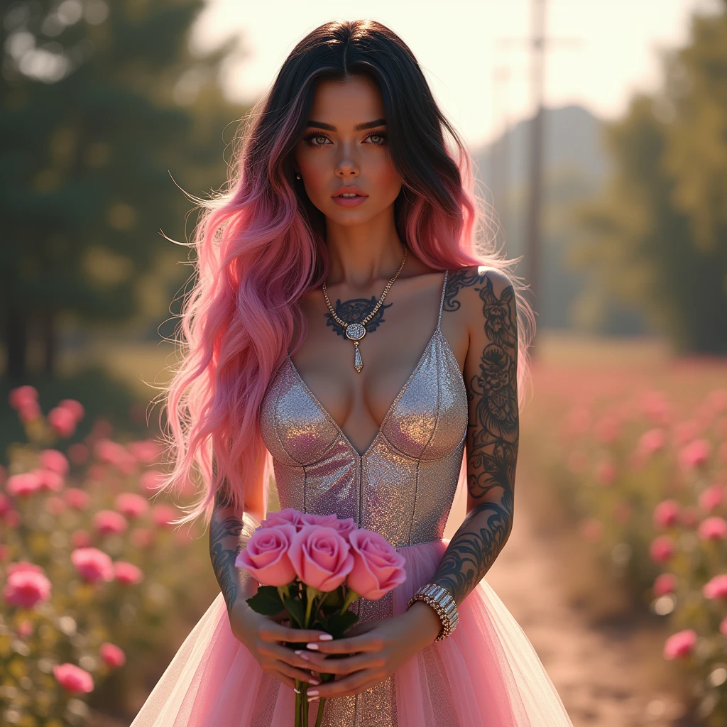 A natural white female, with long wavy pink n black hair, diamond chain, plump pink lips, lashes, tattoos, flawless eyebrows, wearing a long sparkly silver n pink dress, with silver heels, standing outside holding some pink roses, as the sun shines on her