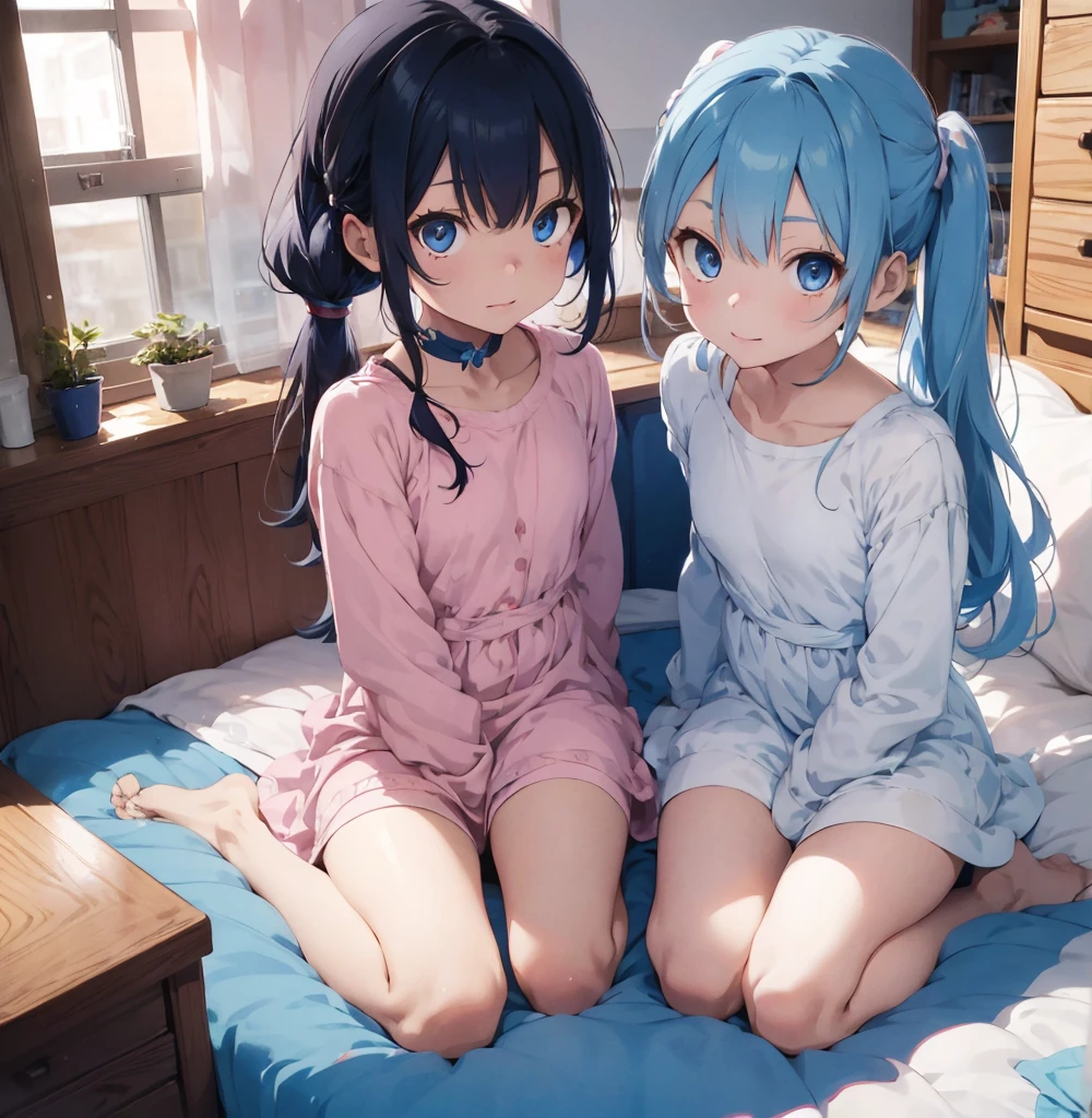 2 female, blue skin, as a child, children's, , white long sleeve dress, small legs, lightest blue eyes, red twin tail hair, twin, dolls, home, bedroom in the twin bed, pink sky