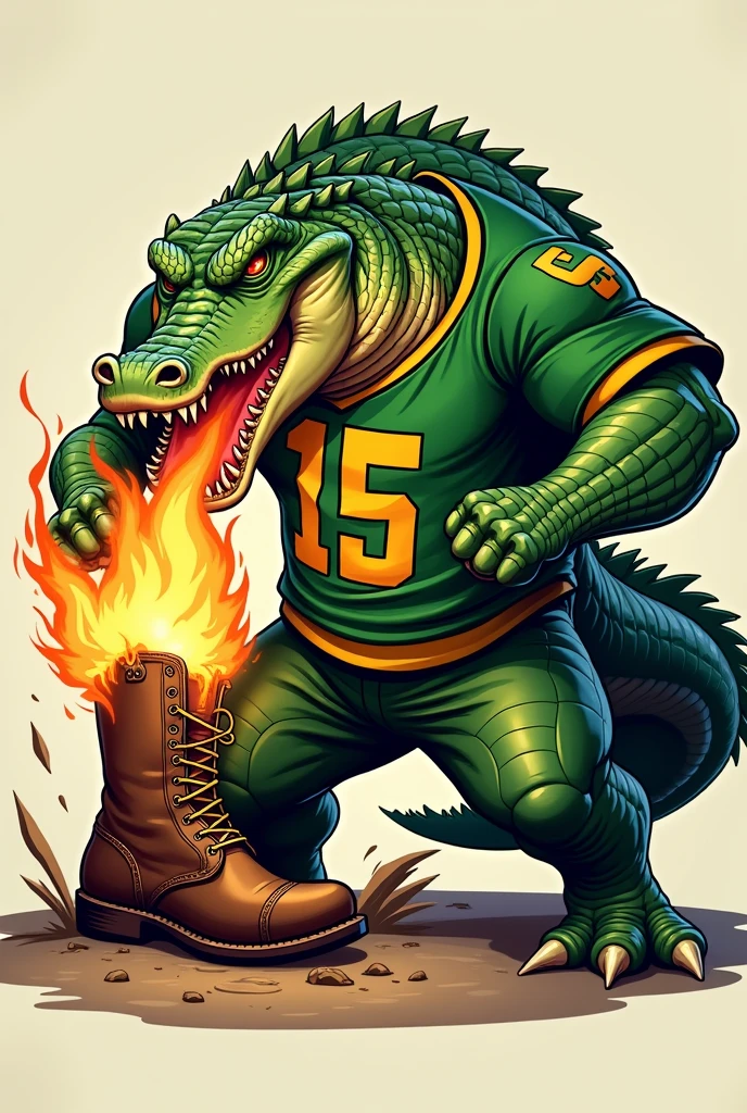 Muscle alligator chewing on boot. The alligator must be wearing a green shirt with yellow details and the number 15 written on the shirt.. The boot must be on fire