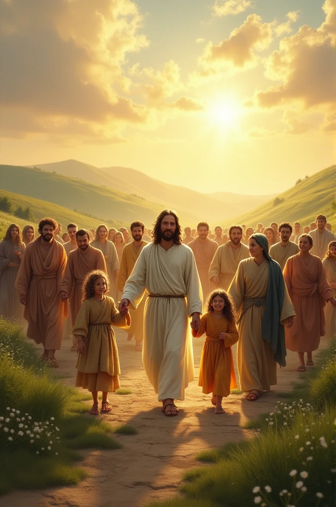 Image of Jesus walking hand in hand with people