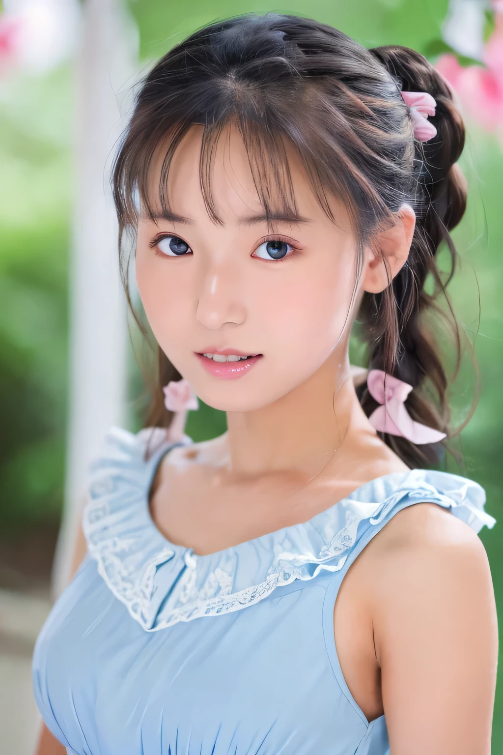 (8k、masterpiece, Highest quality, High resolution,Super Resolution,Very detailed)、Cute idol face、alone、ponytail、 (Face shot)、A light blue dress with lots of frills and ribbons、Big pink ribbon、Show your side