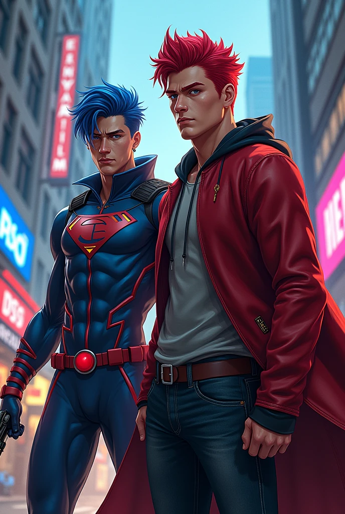 Create two male gta superheroes One has blue hair and the other has red hair