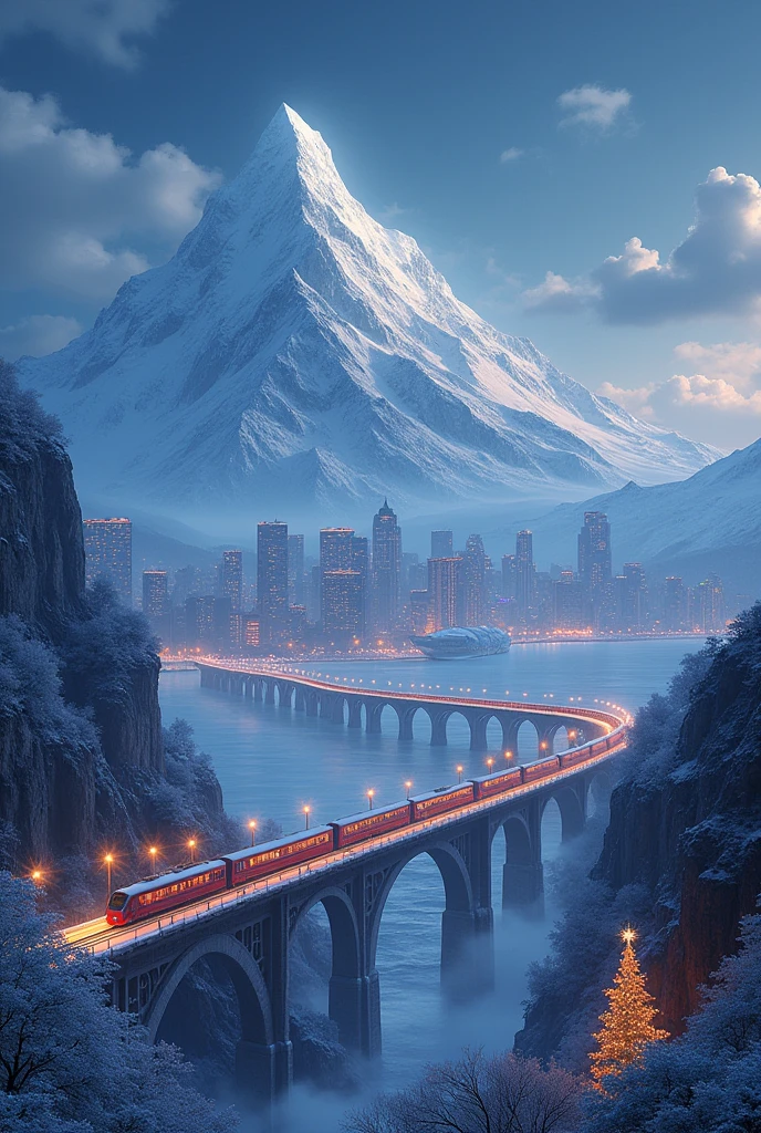 Snowy huge mountain in city skyscappers trains.and sea with train bridge in winter.in night christmas trees and lights
