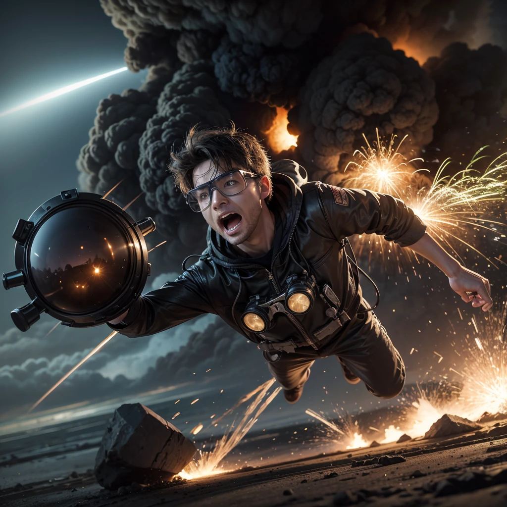 Draw a cartoon of a scientist being thrown into the distance by a distant explosion. Have him wear goggles and make it look like he's having fun with the situation with a big smile.