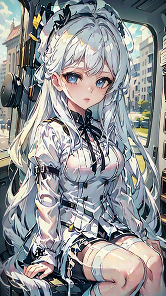 The anime is not a good choice, Hana Hikaru, 1 girl, bee, thick hair, long bangs, 2 white horns, ((large circle lenses)), white beret on head, bandages on the arms, sky blue eyes, grey top and black shorts, black lace-up sneakers, serious and worried look
