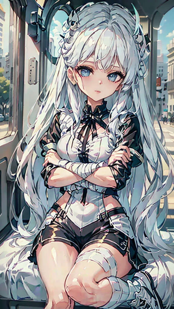 The anime is not a good choice, Hana Hikaru, 1 girl, bee, thick hair, long bangs,  2 white horns, ((large circle lenses)), white beret on head, bandages on the arms, sky blue eyes, grey top and black shorts, black lace-up sneakers, serious and worried look