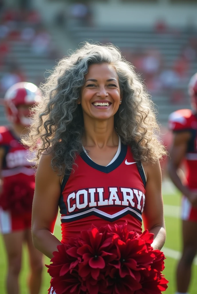 In the image, we encounter an enchanting scene featuring a charismatic gray haired female cheerleader, a vivacious 50-year-old of Chinese-American heritage. Her long, beautifully completely gray curly hair cascades gracefully, gracefully illustrating her confident spirit. As she passionately encourages her team, her energy radiates, infusing the atmosphere with an electric buzz. Alongside her, male football players intensify the background with their determined presence. This vibrant photograph captures the captivating essence of a spirited cheerleader, exuding both wisdom and allure in equal measure. The impeccable image quality allows every meticulous detail to shine, bringing this remarkable moment to life in vivid color and sharp clarity.