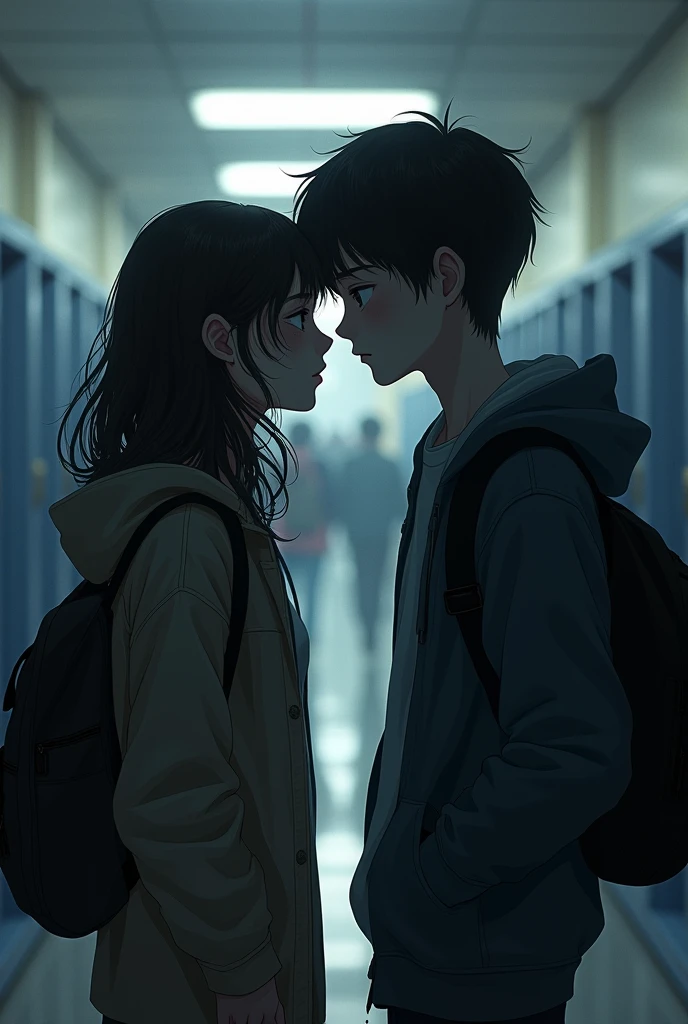 Create a teenage girl and boy more separated in a school in the hallway in the middle of several people dark romance