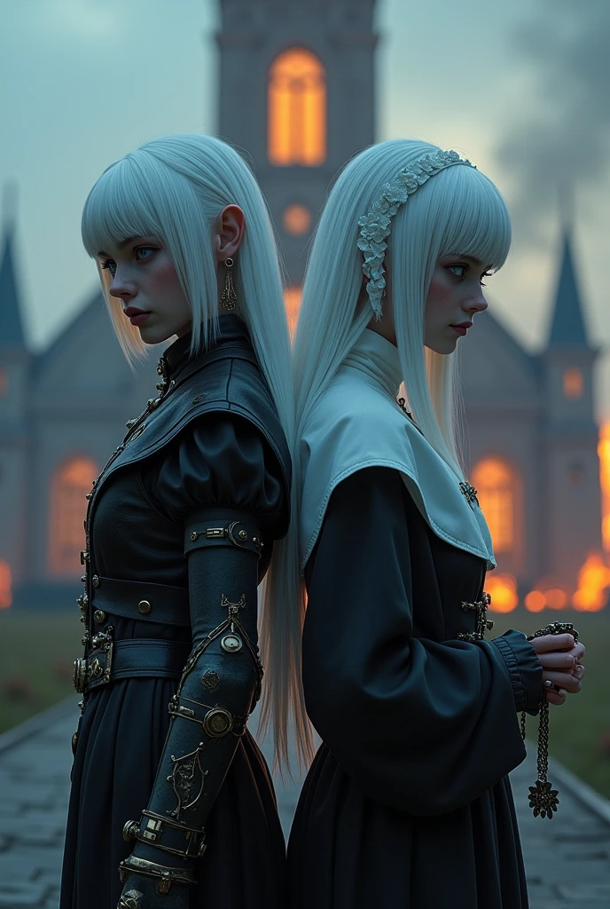 Two albino girls from the Middle Ages standing back to back with violet eyes and white hair, with the one on the left with short hair in dark alchemist clothes and with the left arm with a steampunk prosthesis with the baphomet symbol, and the one on the right in white nun's clothes holding a rosary,, with a burning church behind, the night.