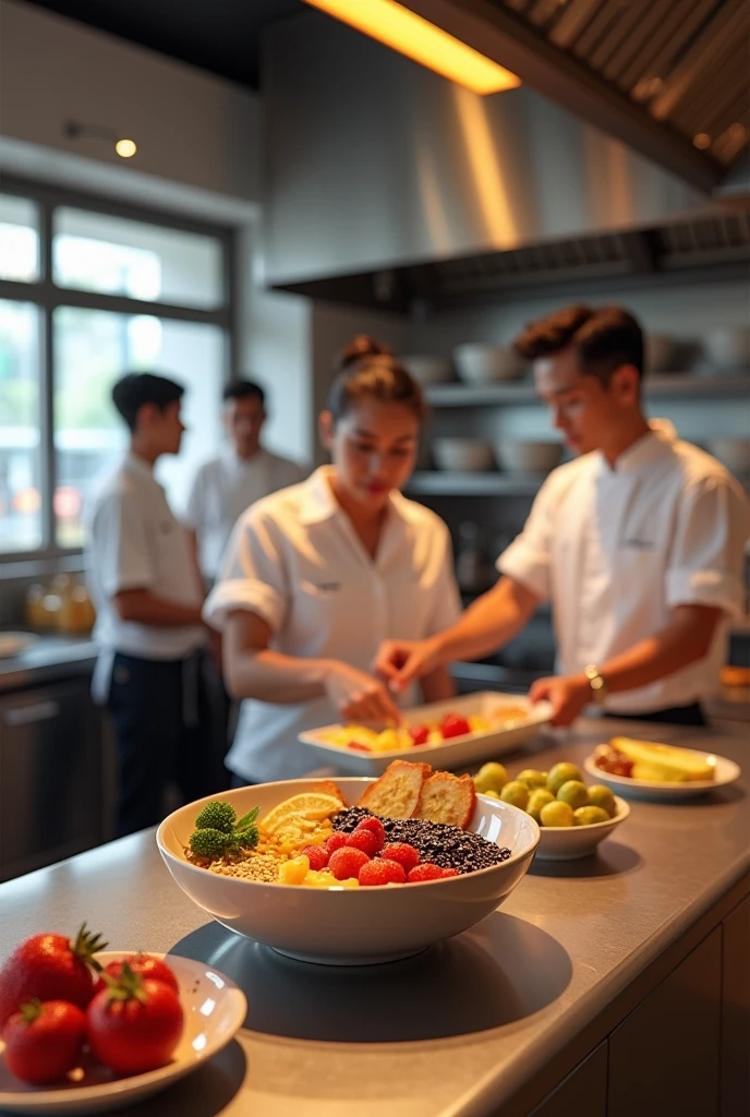 create a realistic kitchen team at the theikos açaí store preparing açaí 18k