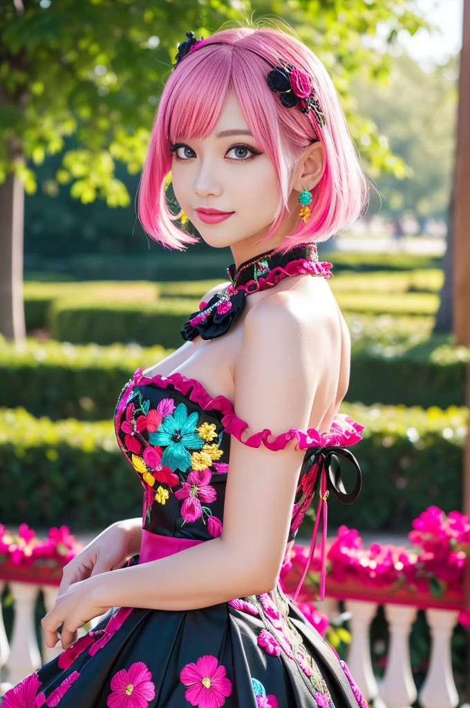 (masterpiece:1.4), (best quality:1.4), ultra high res, ultra high resolution, ((detailed facial features)), HDR, (realistic, photorealistic, photo-realistic:1.37), full body Esbian, sexy swedish model, (-anime), only 1 model, vivid colors, ((vivid colors colorful (pink, lime, light blue) very short hair)), sexy smile, lipgloss, long lashes, defined eyebrows, wearing large sparkling colorful jewelery, wearing a red silk Paradise Kiss cosplay dress with black floral embroidery, ((vivid colors outfit)), vivid colors, look at the camera, cinematic light, large park background with trees, sweet and sexy pose
