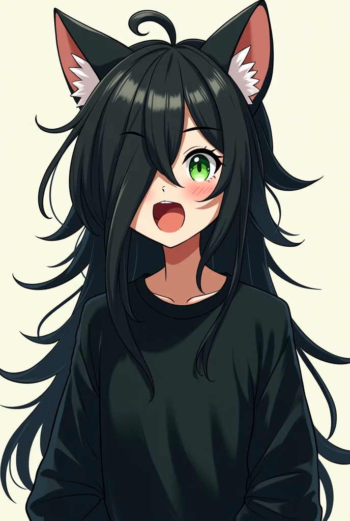Cartoon drawing with greenish eyes, cat ears and black sweatshirt and black hair half of the body and it is a man with an open mouth 