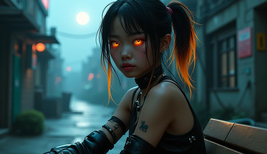 Female Asian, serious face, messy hair tied with neon tips, amber eyes, cybernetics in eyes, scar on left eye, left arm with few Black carbon cybernetics, neon leather outfit, tattoo with family symbol on forearm,  lage alley background, moon reflection on Water, Pose sitting on a bench lage coast, Focus on face