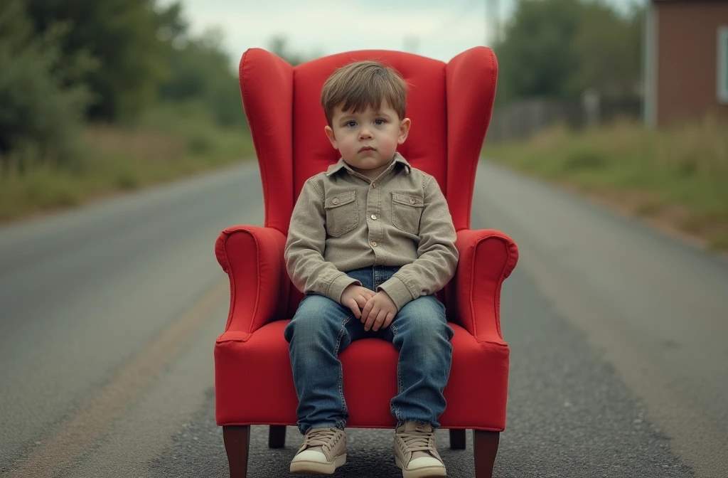 there is a young boy sitting in a red chair in the middle of a road, a portrait by James Warhola, shutterstock contest winner, art photography, cute boy, sitting in fancy chair, sitting in a chair, sat in his throne, sitting in chair, candid portrait photo, sitting on his throne, mid portrait, sitting on chair, closeup portrait shot