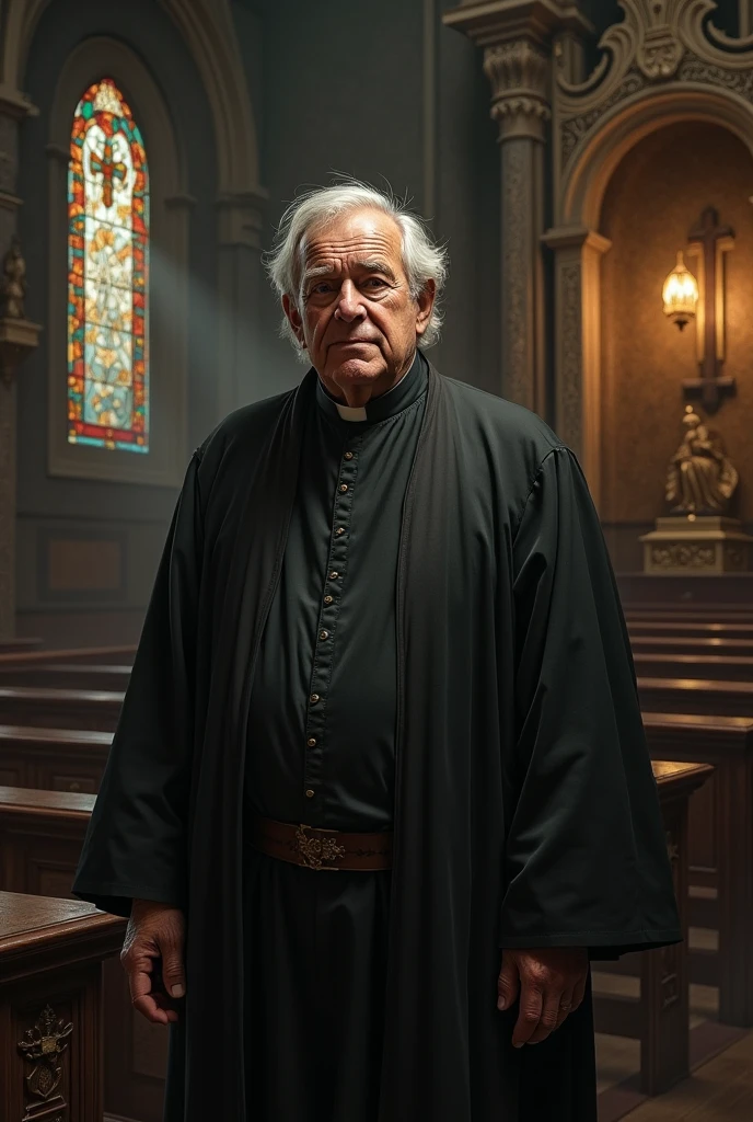 A slightly fat priest with white hair and very little hair 
