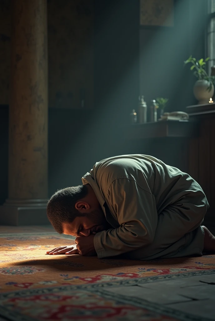A man bow his head to the floor performing solah.