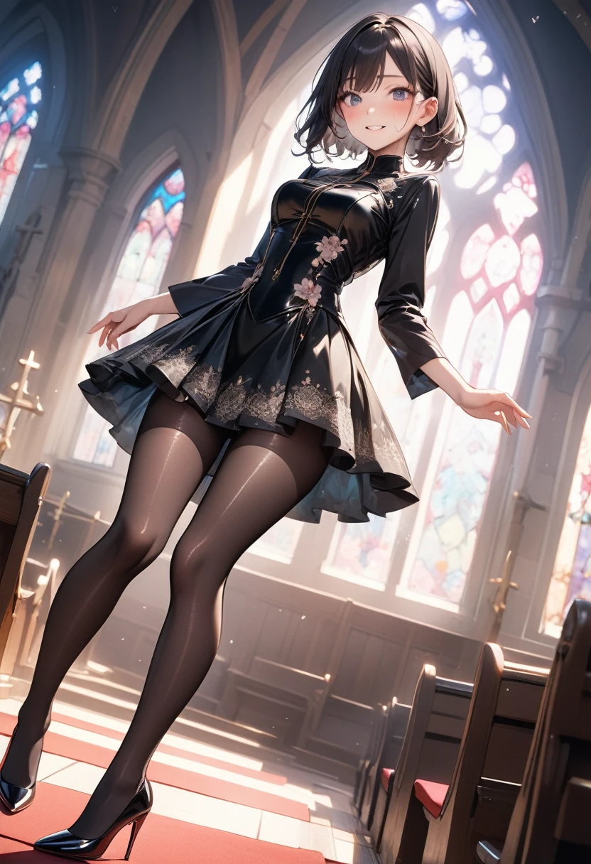 (Evil smile), (((Widow Costume, Gorgeous embroidery, Leather panties, skirt, Pantyhose, Stiletto heels))), ((Shiny Costumes)), ((skindentation)), skinny, solo, 1 woman, Masterpiece, highest quality, highest quality, 16K, incredibly absurd, highly detailed, 2.5D, ai-generated, delicate and dynamic, very delicate facial expressions, delicate eye depiction, ??????, only sexy woman, ((A cute and kind face)), healthy figure, ((2 woman)), 160cm tall, medium firm swaying bust, Dark Hair, blush, Sweat,Embarrassed,sexy, ((thin thighs)), shiny and lustrous, facing straight at viewer, (((in heat))), ((Oily_skin)), ((Lots of sweat)), ((dutch angle)), ((?????? pose)), (((Dynamic Pose))), ((Transparent and sparkling costume)), ((Inside the church chapel)),