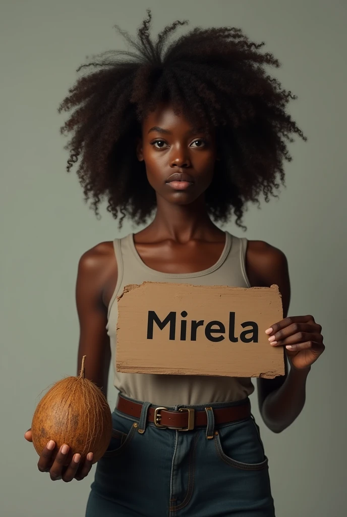 woman named mirela holding a coconut in her right hand and in her left a sign with her name,her hair is curly and she is black as coal
