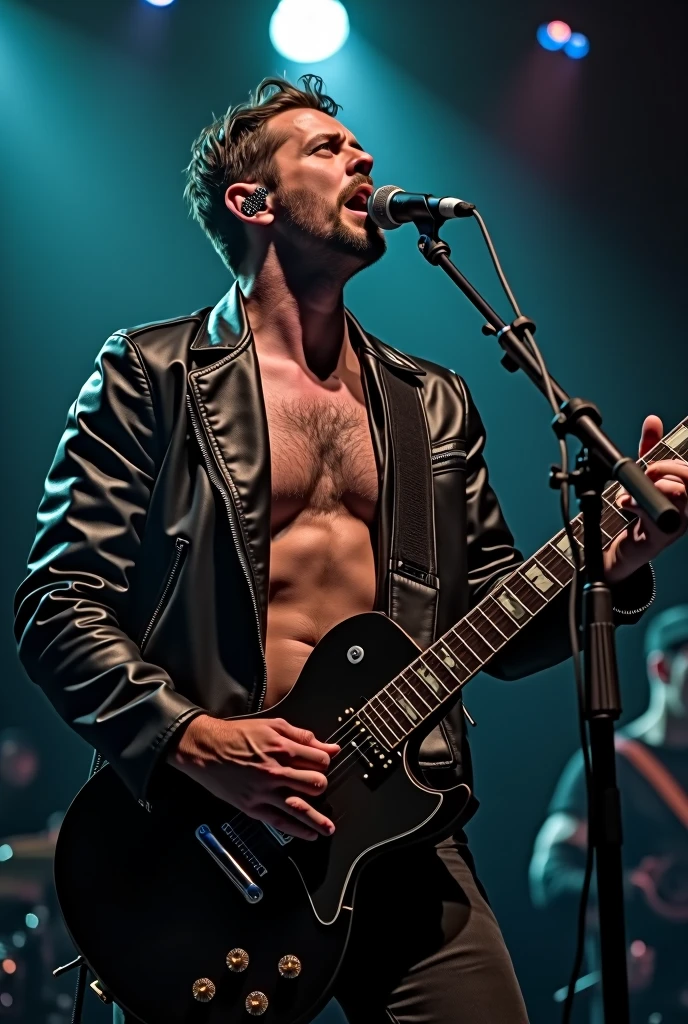 Realistic photo of rock musician in leather jacket, shirtless singing with a guitar and on a stage