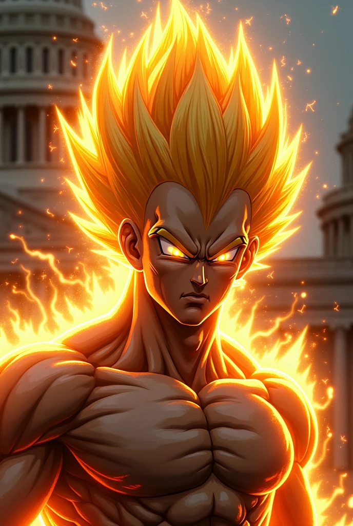 "Create an ultra-realistic 8k image of the President of the United States transforming into a Super Saiyan. The scene should capture the dramatic and intense moment of transformation with high detail and energy."