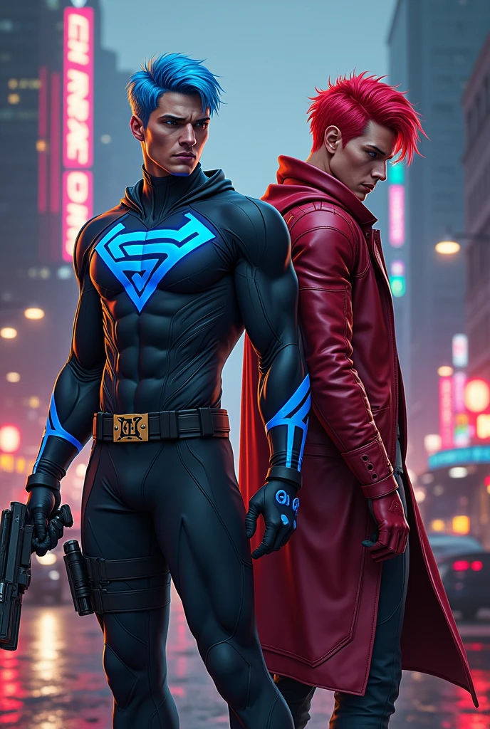 Create two male gta superheroes One has blue hair and the other has red hair 