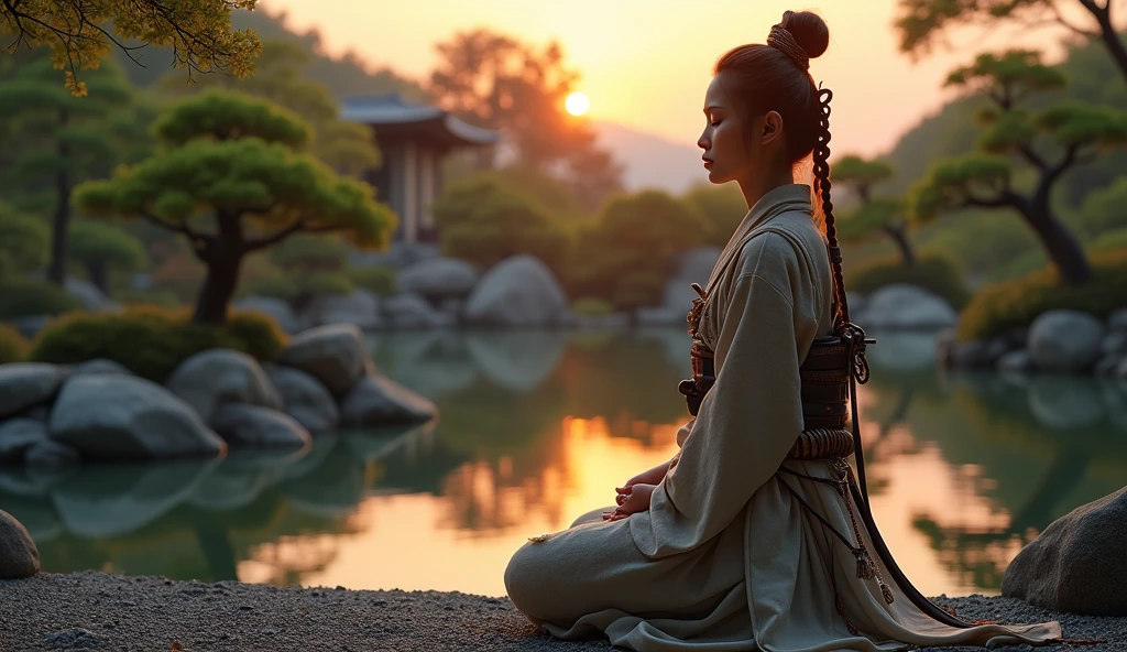 Samurai girl, dressed in epic traditional samurai clothing with a katana, and a peaceful expression on her face, meditating in a Zen garden at sunset. The image should capture the serenity of the environment with hyper-realistic details highlighting the beauty of the garden and the tranquility of the scene. The 8K quality will ensure every detail is captured with precision, while natural and soft lighting creates a warm and inviting atmosphere. The close-up (portrait) composition will focus on the samurai girl and her deep meditation, emphasizing the spiritual ambiance of the moment.