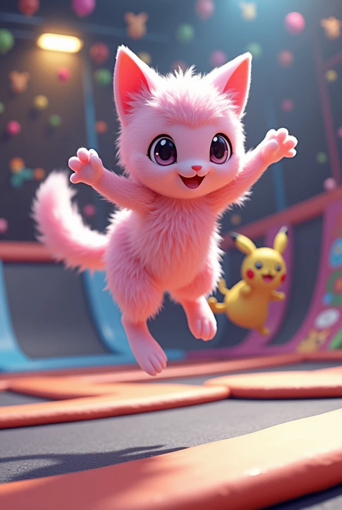 Pokemon mew jumping at the trampoline park  with writing that’s says level up