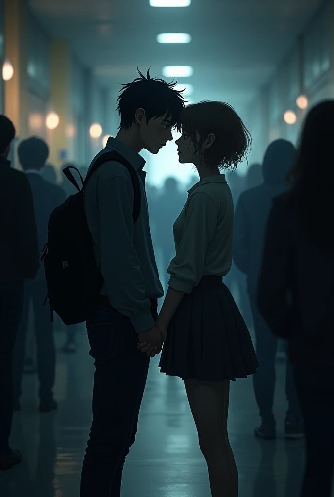 Create a teenage girl and boy separated in a school in the hallway in the middle of several people dark romance