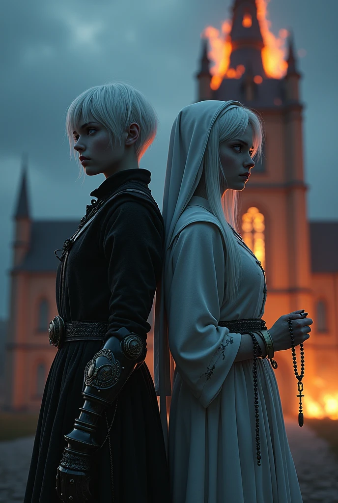 Two albino girls from the Middle Ages standing back to back with violet eyes and white hair, with the one on the left with short hair in dark alchemist clothes and with the left arm with a steampunk prosthesis with the baphomet symbol, and the one on the right in white nun's clothes holding a rosary,, with a burning church behind, the night.