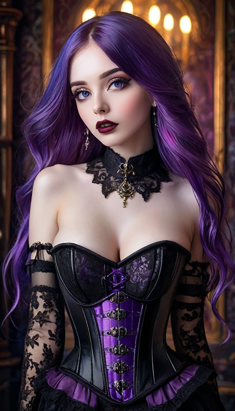 sexy girl, long purple hair, gothic corset,(best quality, 4k, 8k, high resolution, masterpiece: 1.2), ultra-detailed, (realistic, photorealistic, photorealistic: 1.37), details intricate, vivid colors, sharp focus, professional, surrealism oil touch, portrait, woman, beautiful detailed eyes, beautiful detailed lips, dreamy atmosphere, shadow play, lighting soft, fun pose, dark tones, ethereal background, fantasy elements, texture, layered composition.