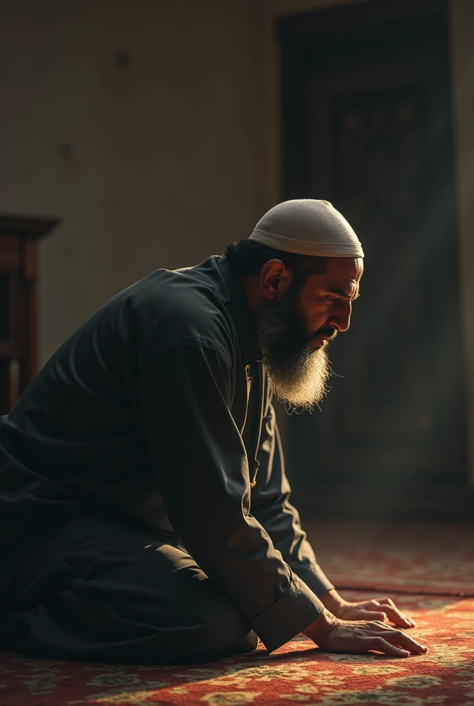 A man bow his head to the floor performing solah.