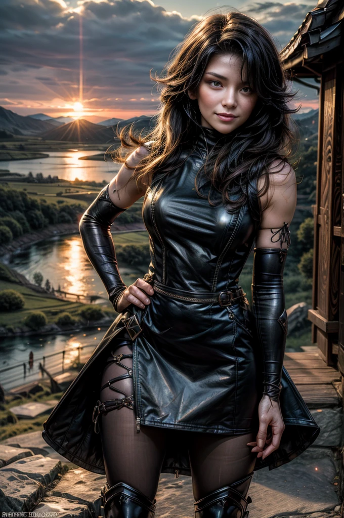 (masterpiece, best quality:1.2), cowboy shot, solo, 1girl, cinder fall, evil smile, looking at viewer, long hair, black dress, sleeveless jacket, elbow gloves, pantyhose, outdoors, standing near mansion, wedding reception, on mountainside, overlooking valley, river, flame in hand, large crowd in military uniforms, tables  (volumetric lighting), sharp focus, hyper detailed 