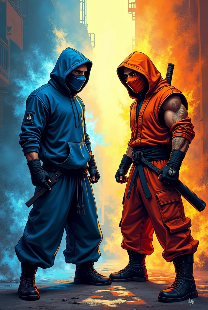 You create Sub-zero blue poster for kids v/s Scorpion orange ninja both sweatshirt and wide pants rap hip hop freestyle graphic Style Street Mortal kombat 