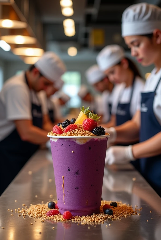 create a realistic team in the kitchen at theikos açaí store preparing açaí cup 18k