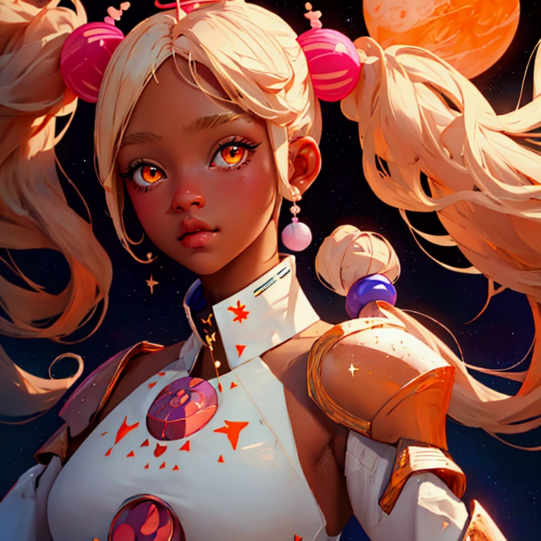 envision a 8k, highres, cinematic, close up beautiful portrait of an Big tall girl named Sana Tsukumo with long blonde hair in pigtails, hair ornaments, orange eyes, wearing a white dress and cosmic armor against a space background with stars