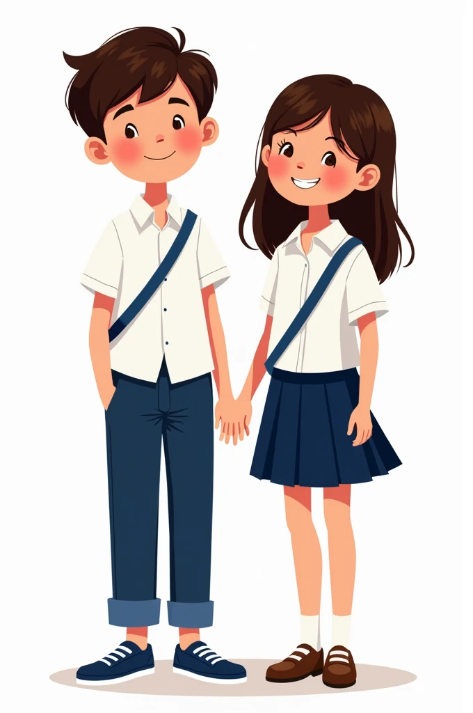 A student boy wearing navy blue pants and a white long-sleeved on-down shirt, a blue crossed chest band and a girl with a navy blue skirt and a white long-sleeved buttown shirt with a blue crossed band, happy in cartoon style drawing form, with white background and full body