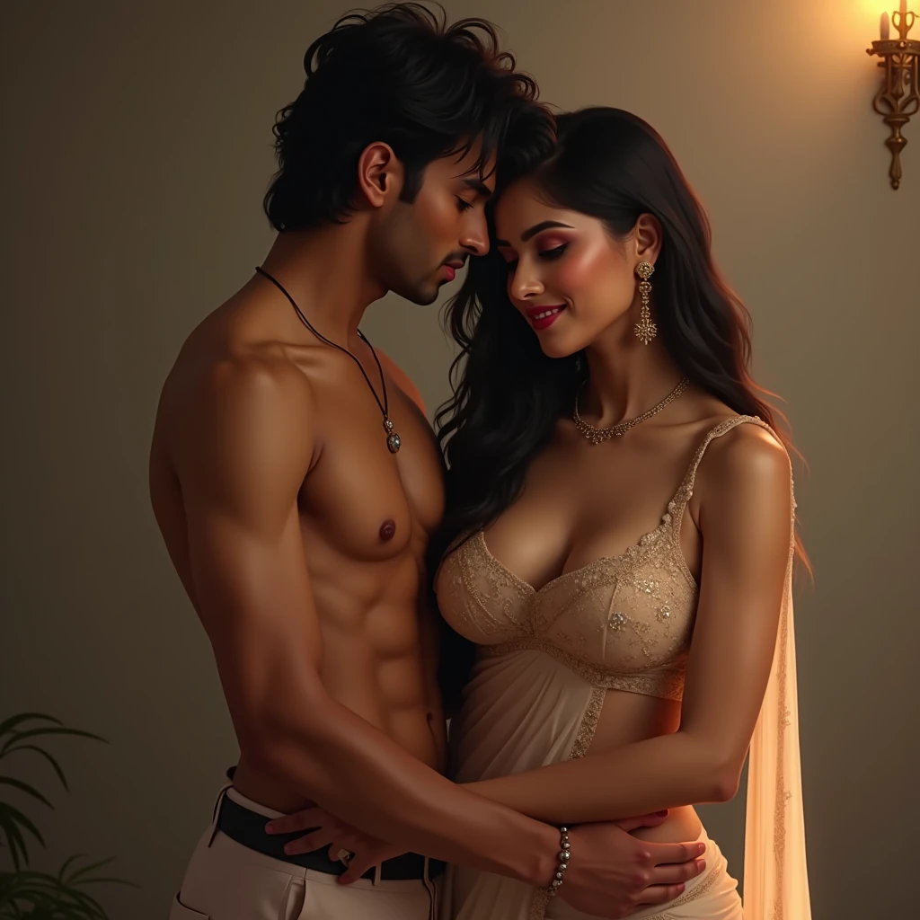 Indian girl, white skin, very beautiful, big round breasts, traditional sheer dress, smiling, with seductive body in a man's embrace