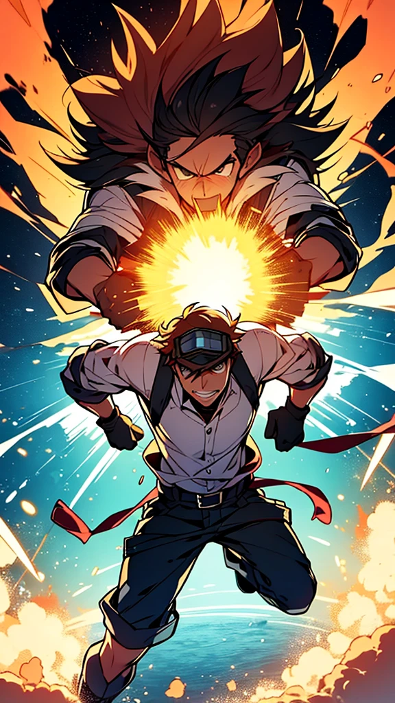 Draw a cartoon of a scientist being thrown into the distance by a distant explosion. Have him wear goggles and make it look like he's having fun with the situation with a big smile.