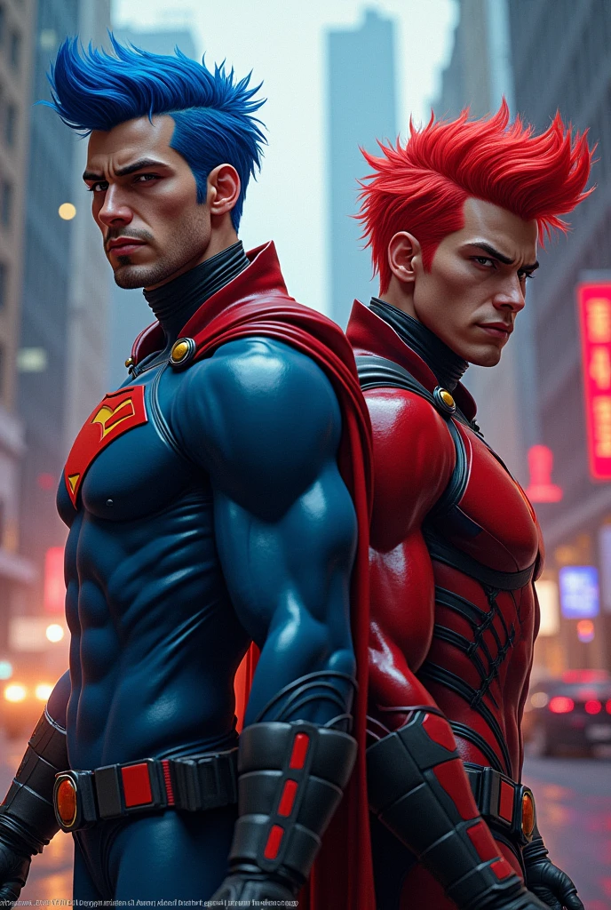 Create two male gta superheroes One has blue hair and the other has red hair 