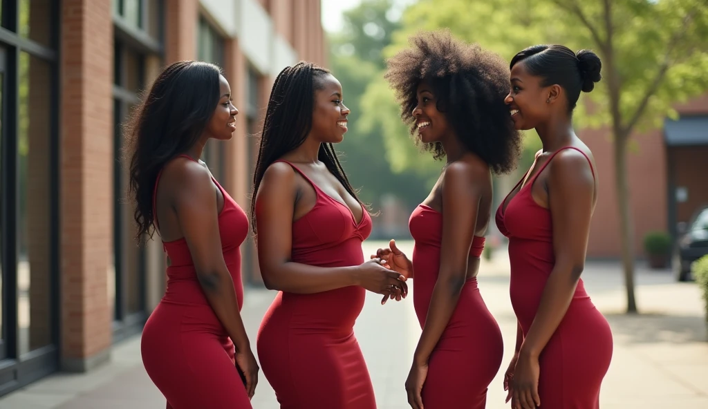 Four 20-year old sexy and hot Nigerian female prostitutes, standing outside their lecture hall, discussing