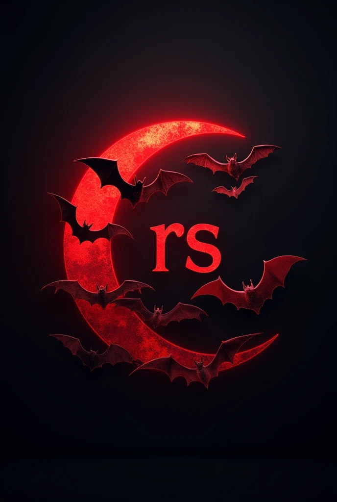 Create a logo of a red crescent moon with bats around it, with the letters RS in the middle in italics 