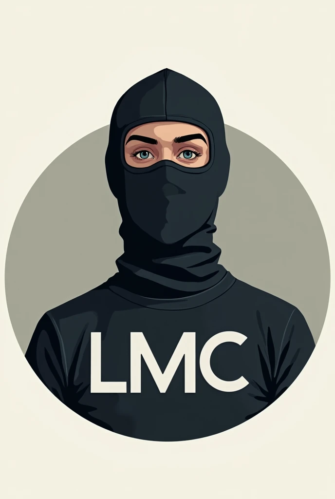 Assume a circular logo with a person wearing a balaclava and a T-shirt with the following letters LMC that has an eye