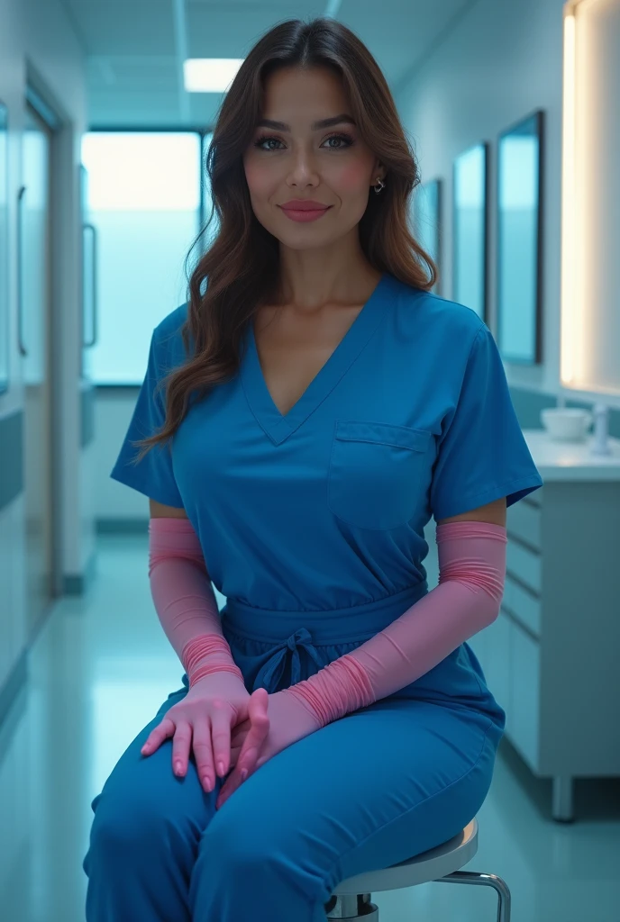 a beautiful woman in skin-tight blue medical scrubs, wearing see-through pink gloves, sitting on a stool in a clinic, smiling seductively, with large breasts, hyper-realistic, photorealistic, cinematic lighting, 8k, highly detailed, masterpiece