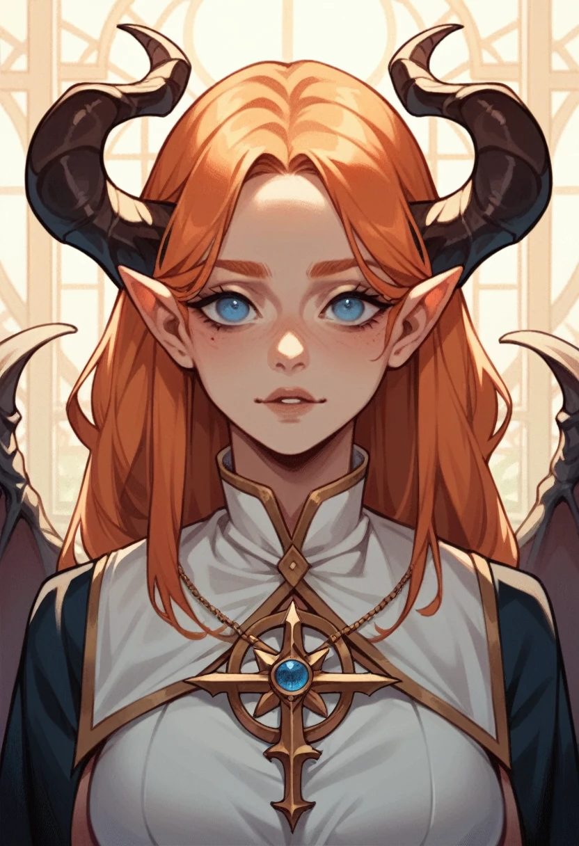Female, blue eyes, orange hair, demon, cleric, animated