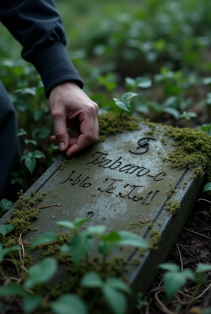 The three friends finally find the grave of the criminal., covered with vines and weeds. Jack starts cleaning it with his hands.