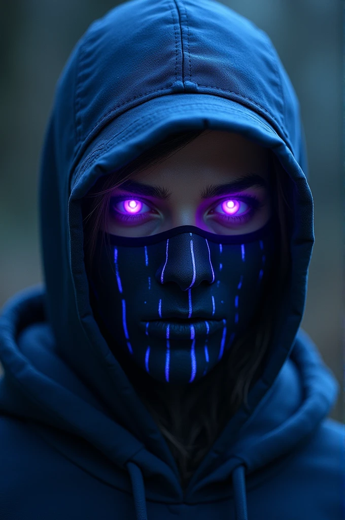 I want my character with flaming purple eyes, a dark blue cap on the back and a dark blue mask with blue stripes.